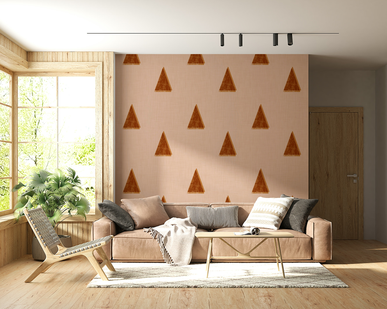A beautiful Japandi geometric wallpaper mural with blush petals and mid-century trees.