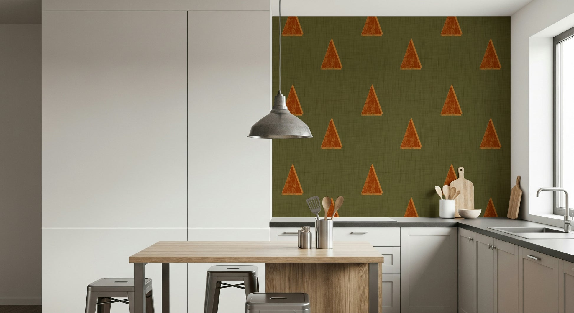 A graceful subtle pattern wall mural in soft, olive and neutral tones.