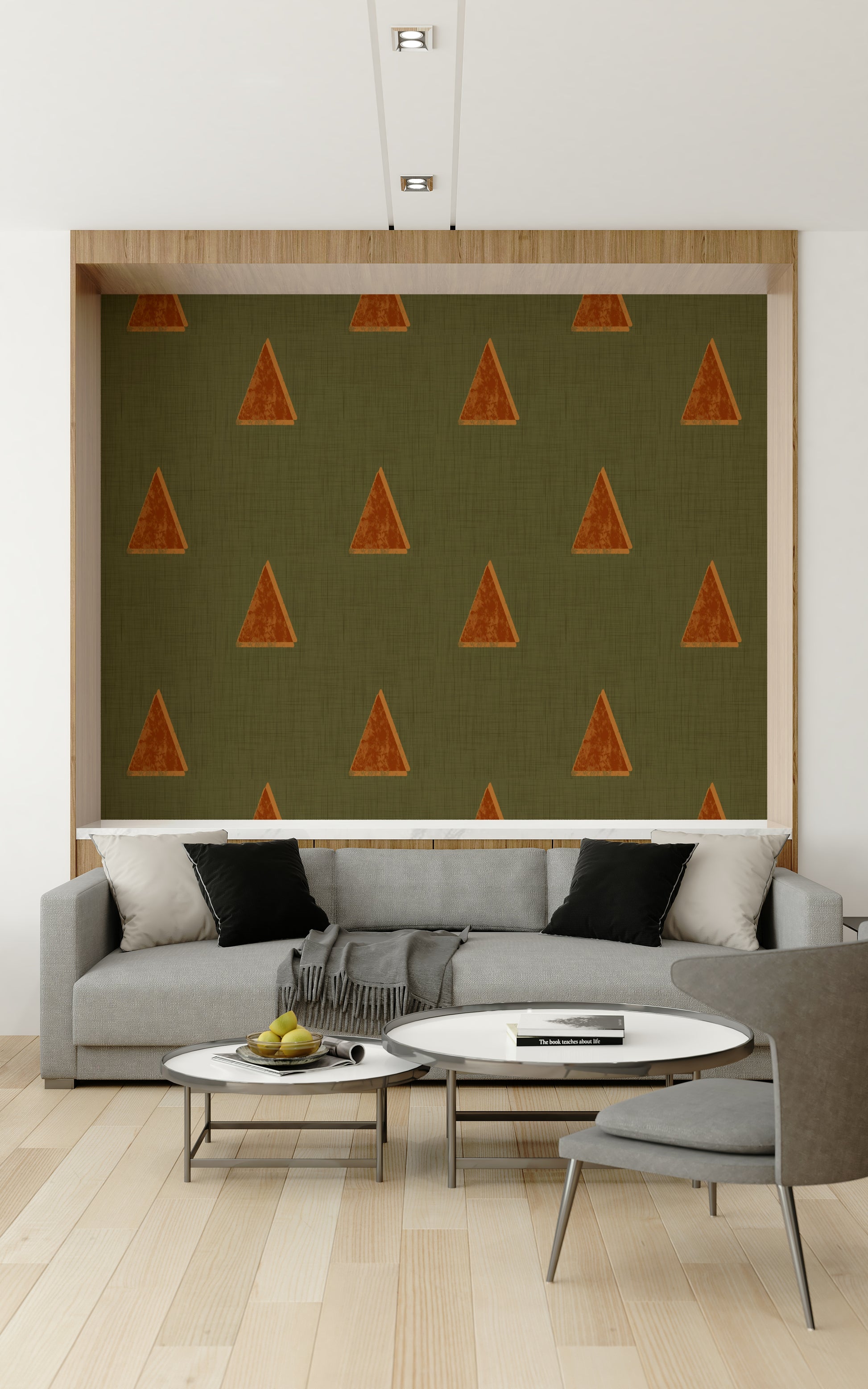 A calming tree design wallpaper mural that defines a space.