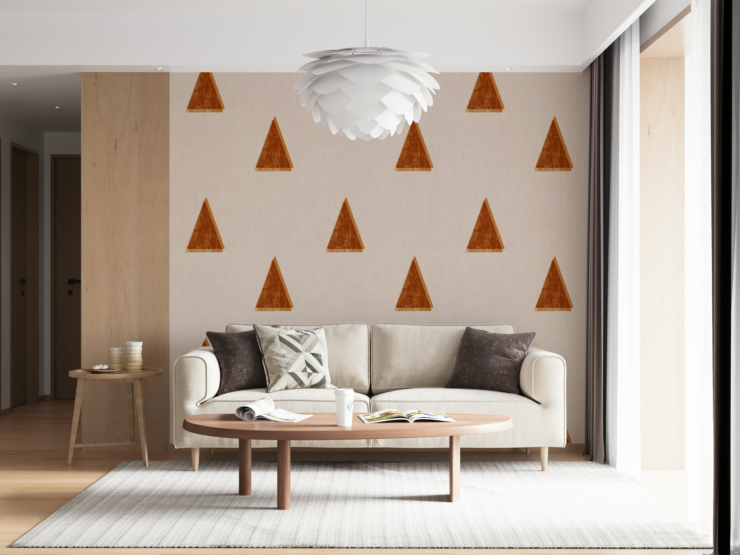 An artistic abstract forest mural on elegant wallpaper.