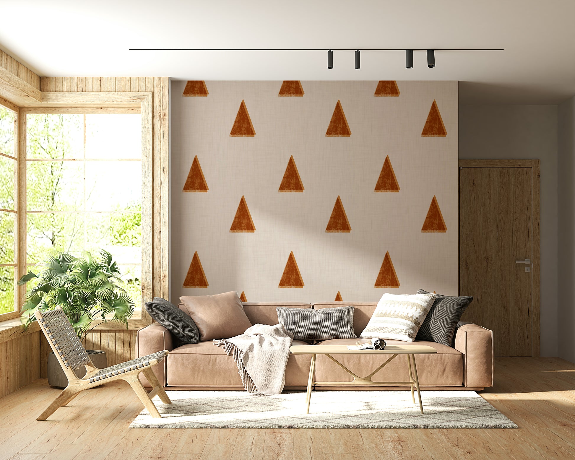 A contemplative neutral tone triangle wallpaper mural for a feature wall.
