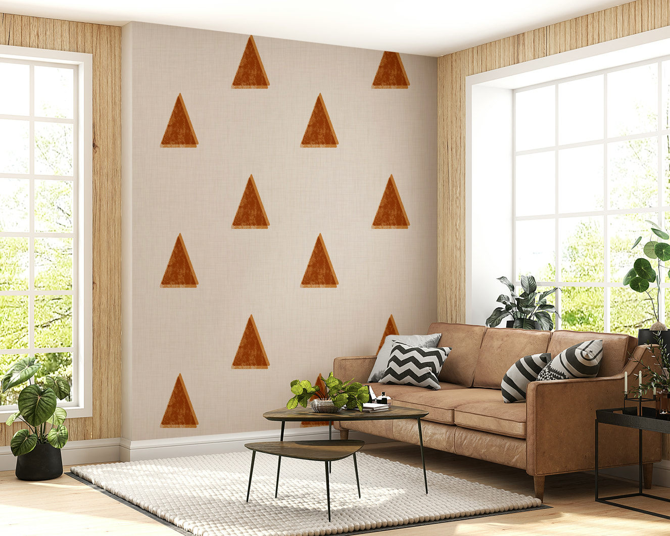 A beautiful Japandi geometric tree wallpaper mural in soft linen tones.