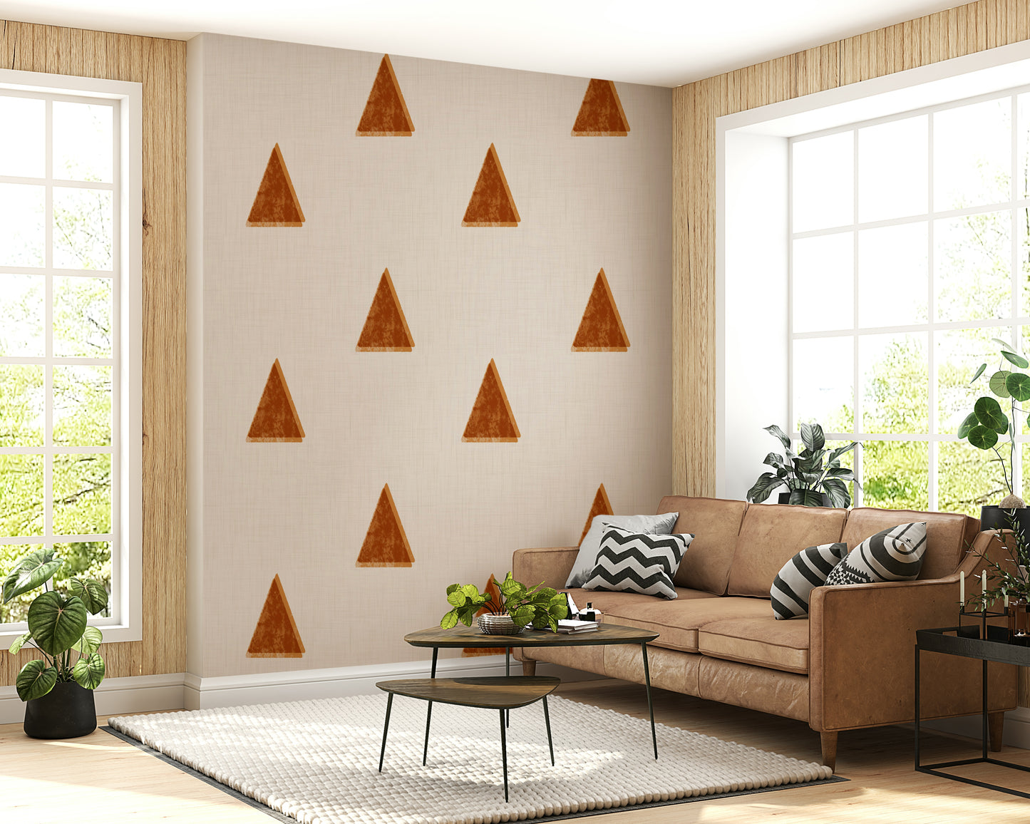 A beautiful Japandi geometric tree wallpaper mural in soft linen tones.