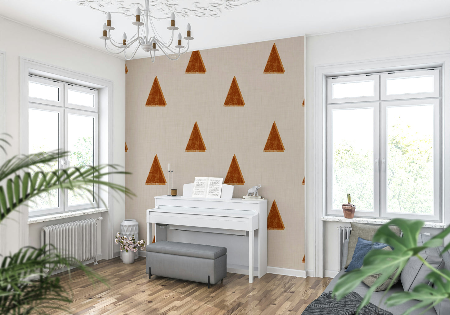 A beautiful modern art wall mural of stylized trees.