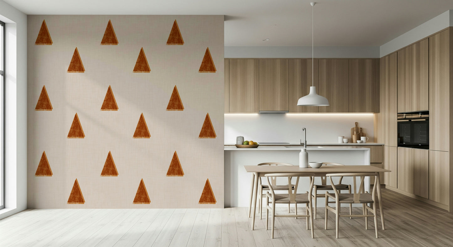 A peaceful geometric tree mural on decorative wallpaper.