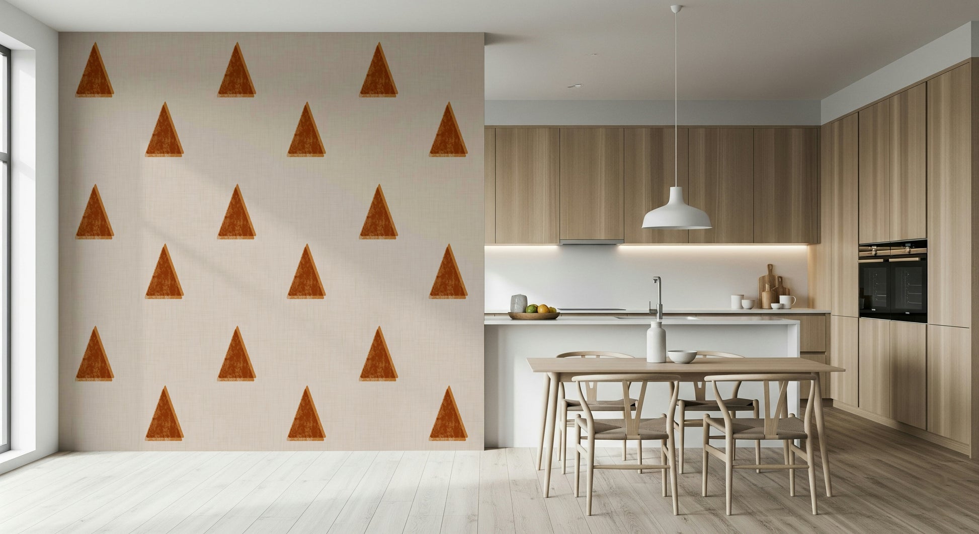A peaceful geometric tree mural on decorative wallpaper.