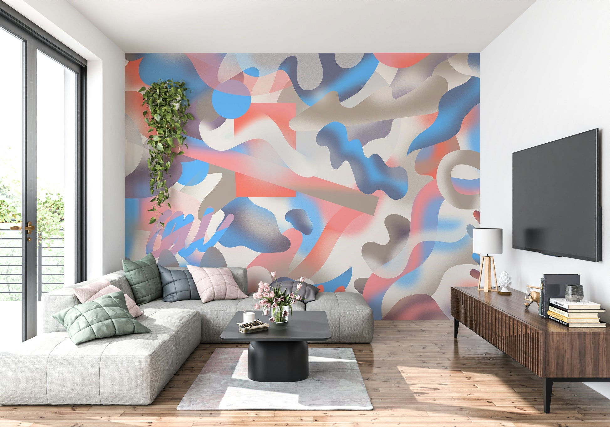 An artistic fluid pattern mural on minimalist wallpaper.