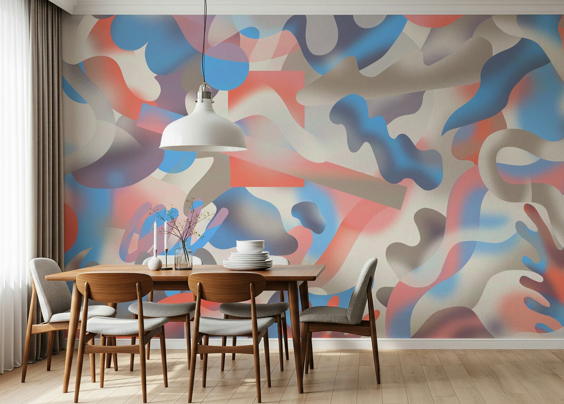 A peaceful open ocean mural on decorative wallpaper.