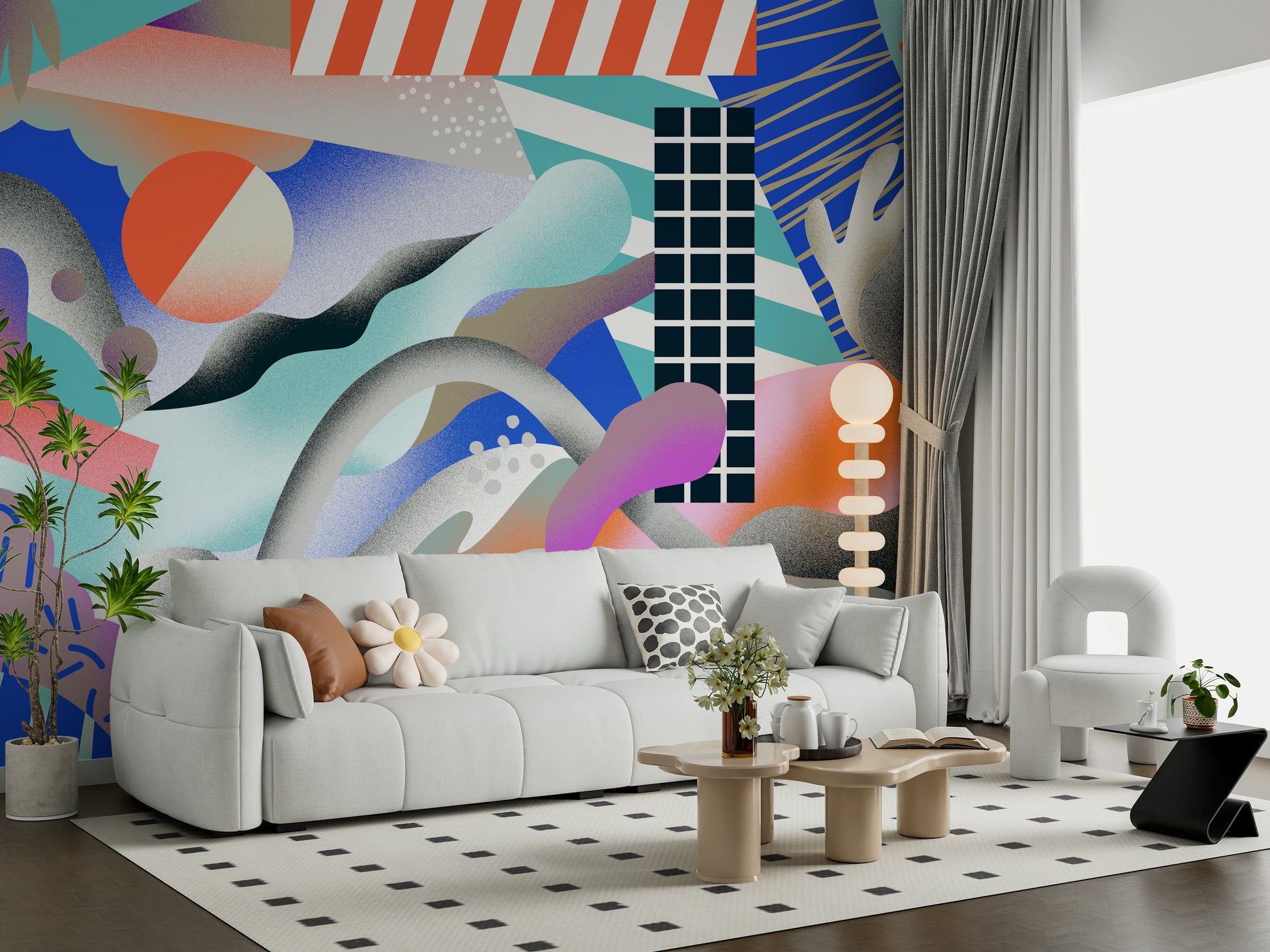 A calming abstract design wallpaper mural that defines a space.