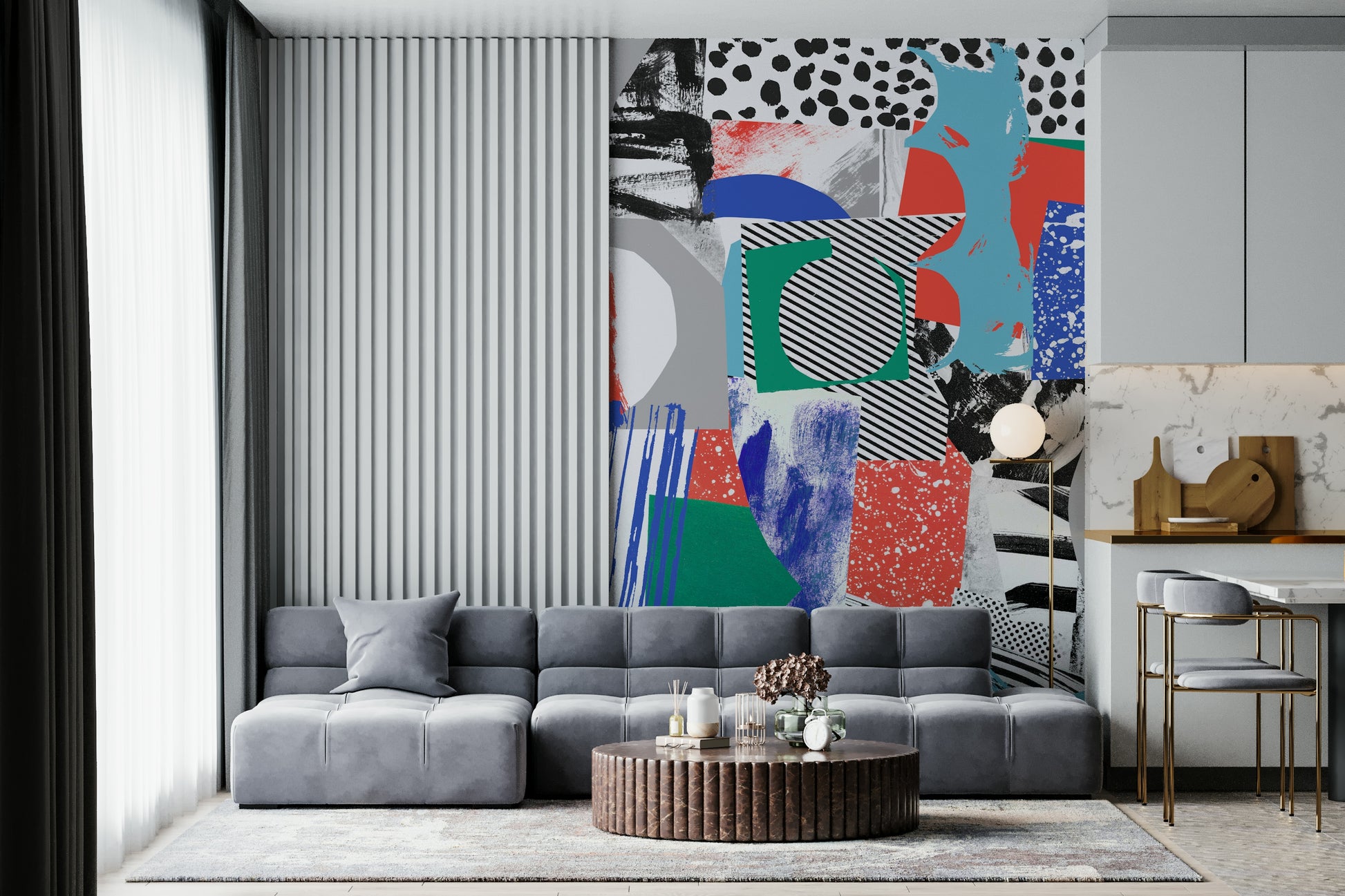 A beautiful modern art wall mural for a living room.