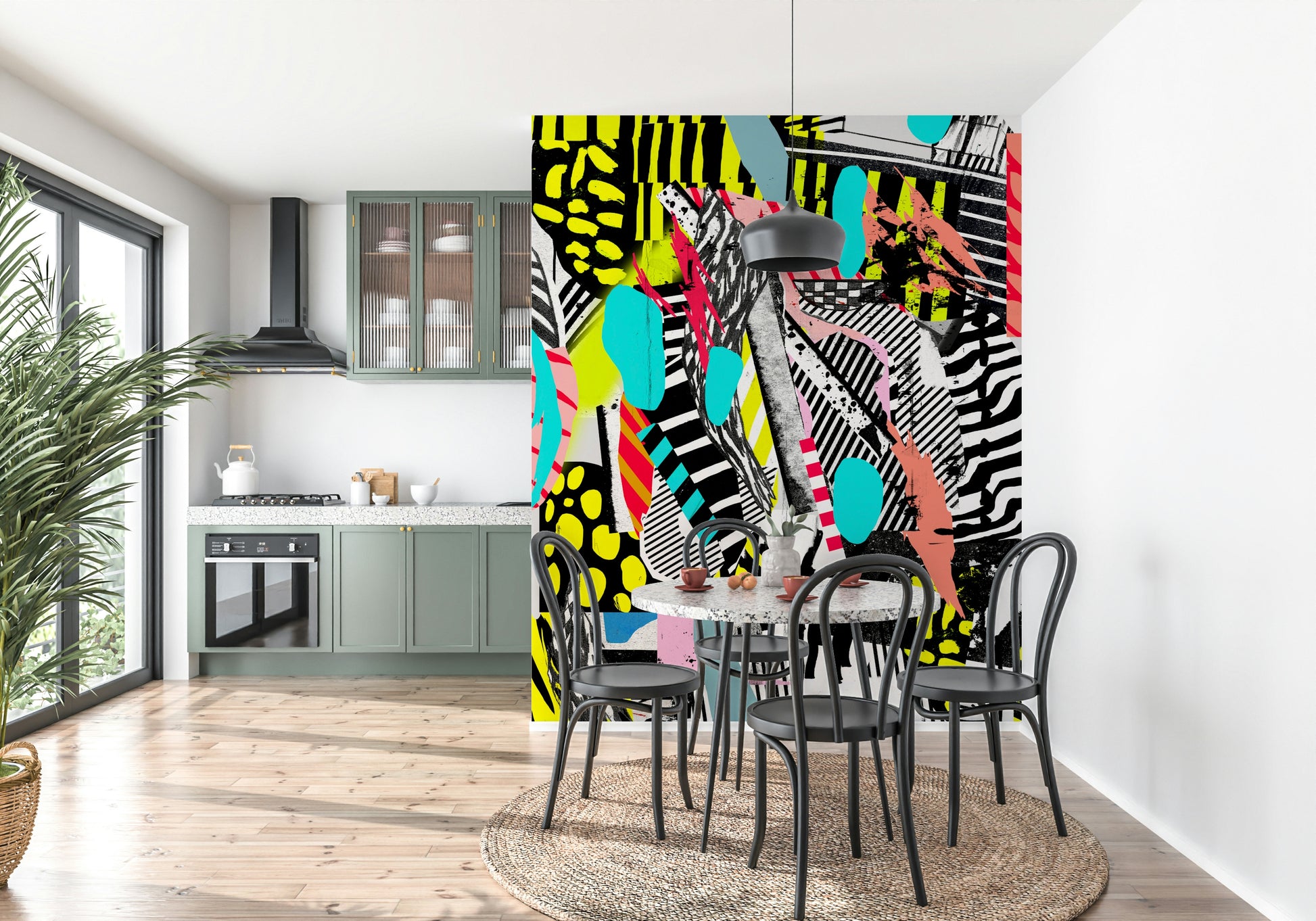 An artistic abstract shape mural on minimalist wallpaper.