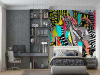 A peaceful modern abstract mural on decorative wallpaper.