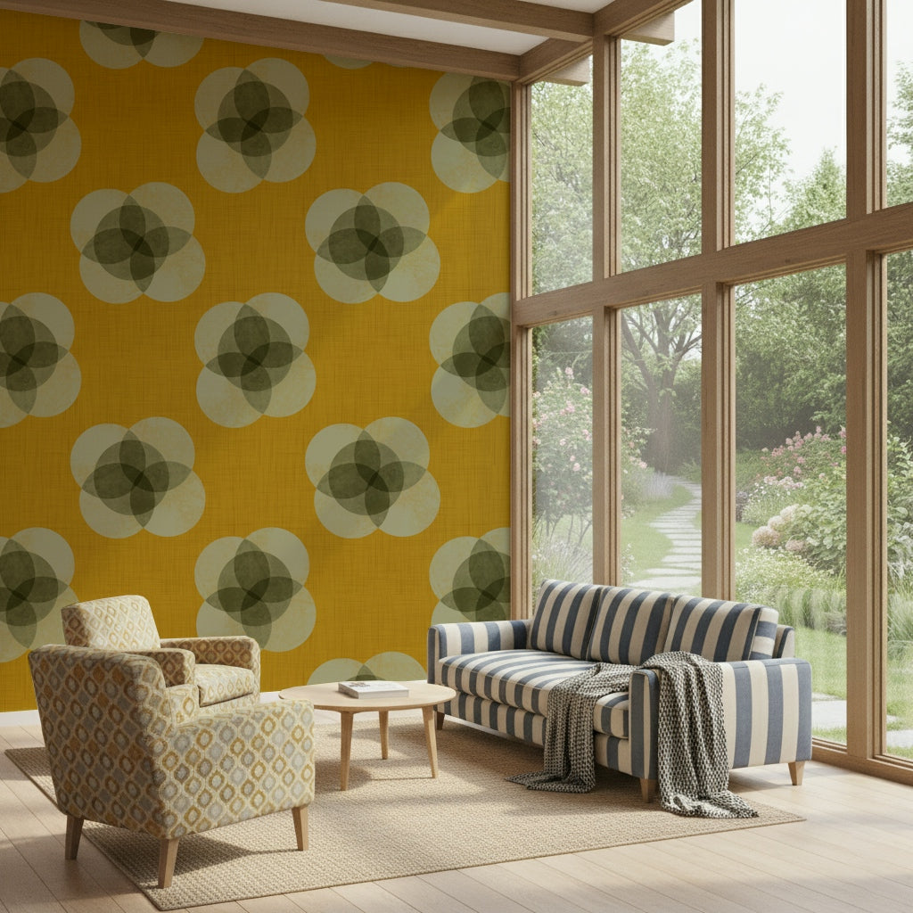 A beautiful Japandi floral wallpaper mural with mustard yellow petals.