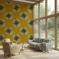 A beautiful Japandi floral wallpaper mural with mustard yellow petals.