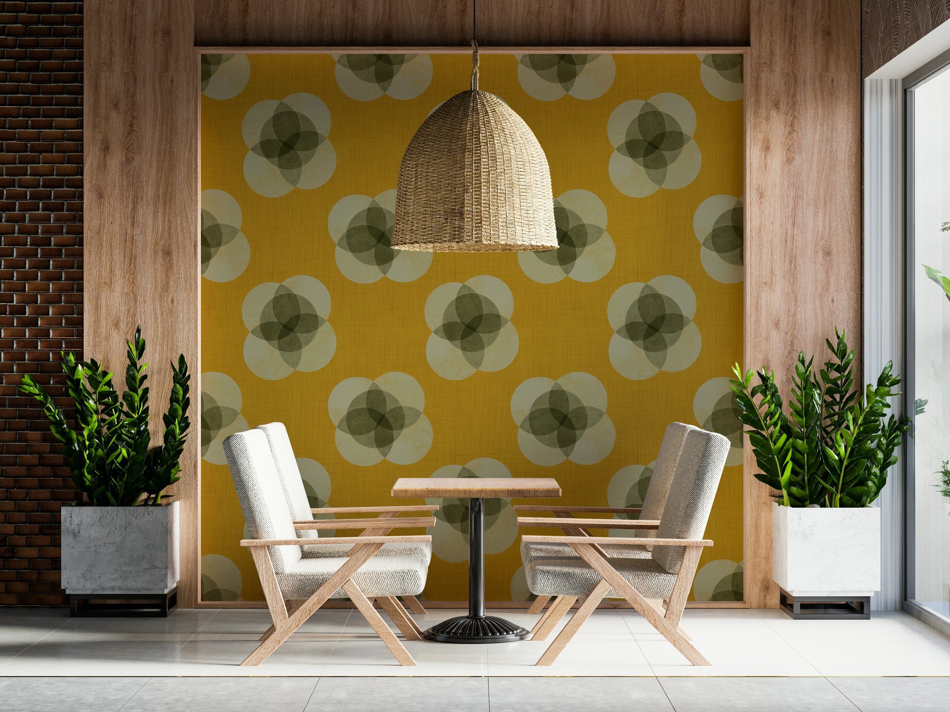 A graceful subtle bloom wall mural in warm, mustard tones.