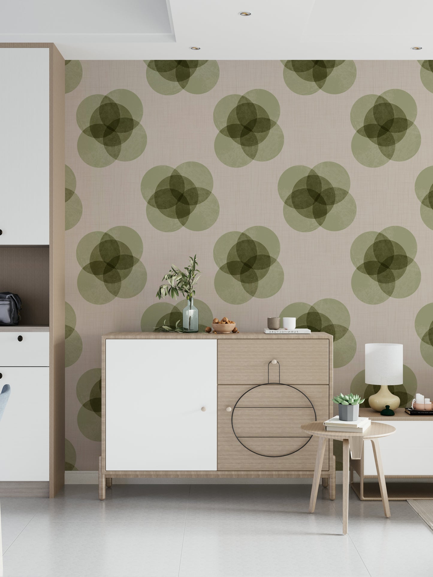 A graceful subtle bloom wall mural in soft, neutral tones.