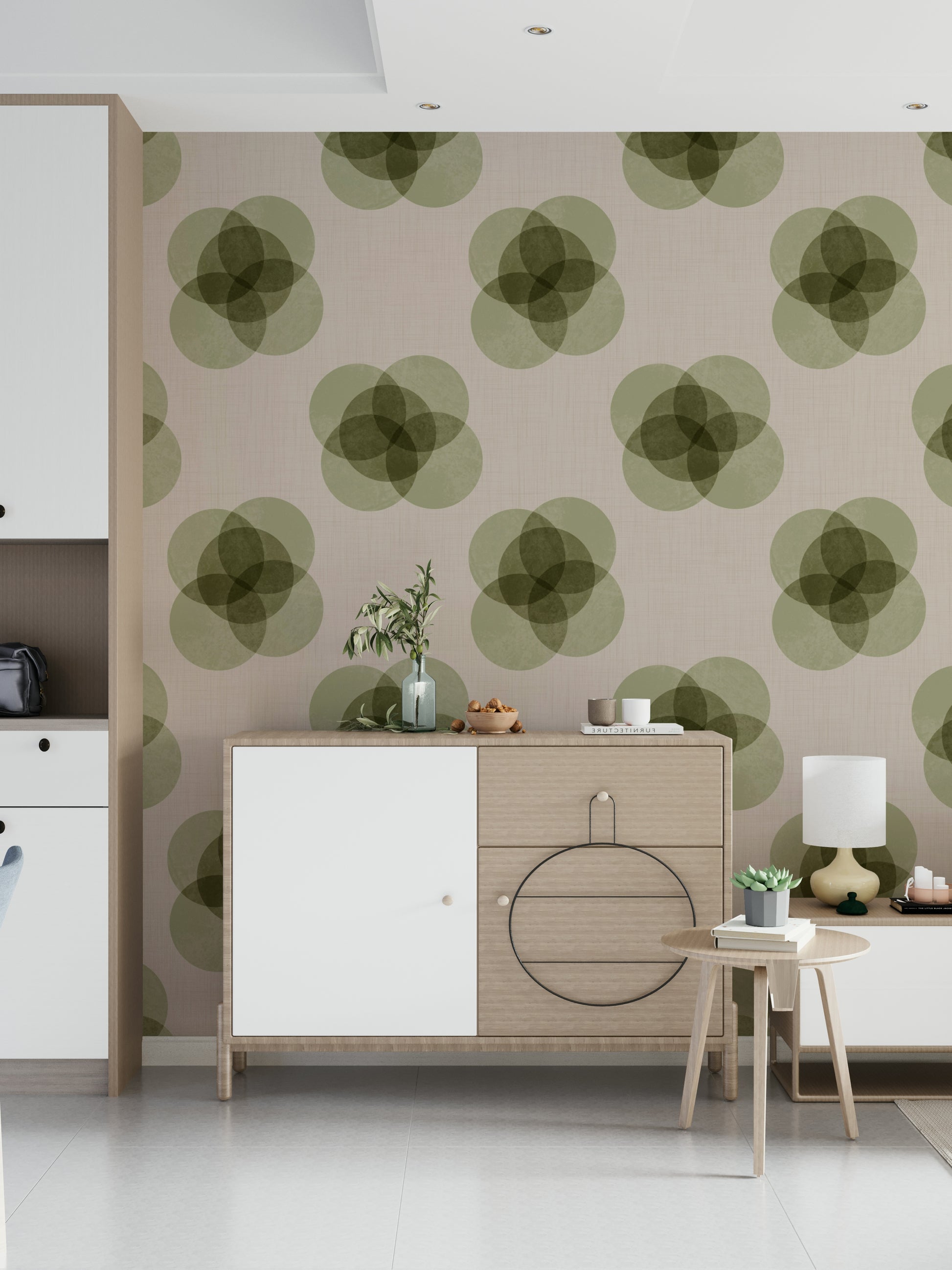 A graceful subtle bloom wall mural in soft, neutral tones.