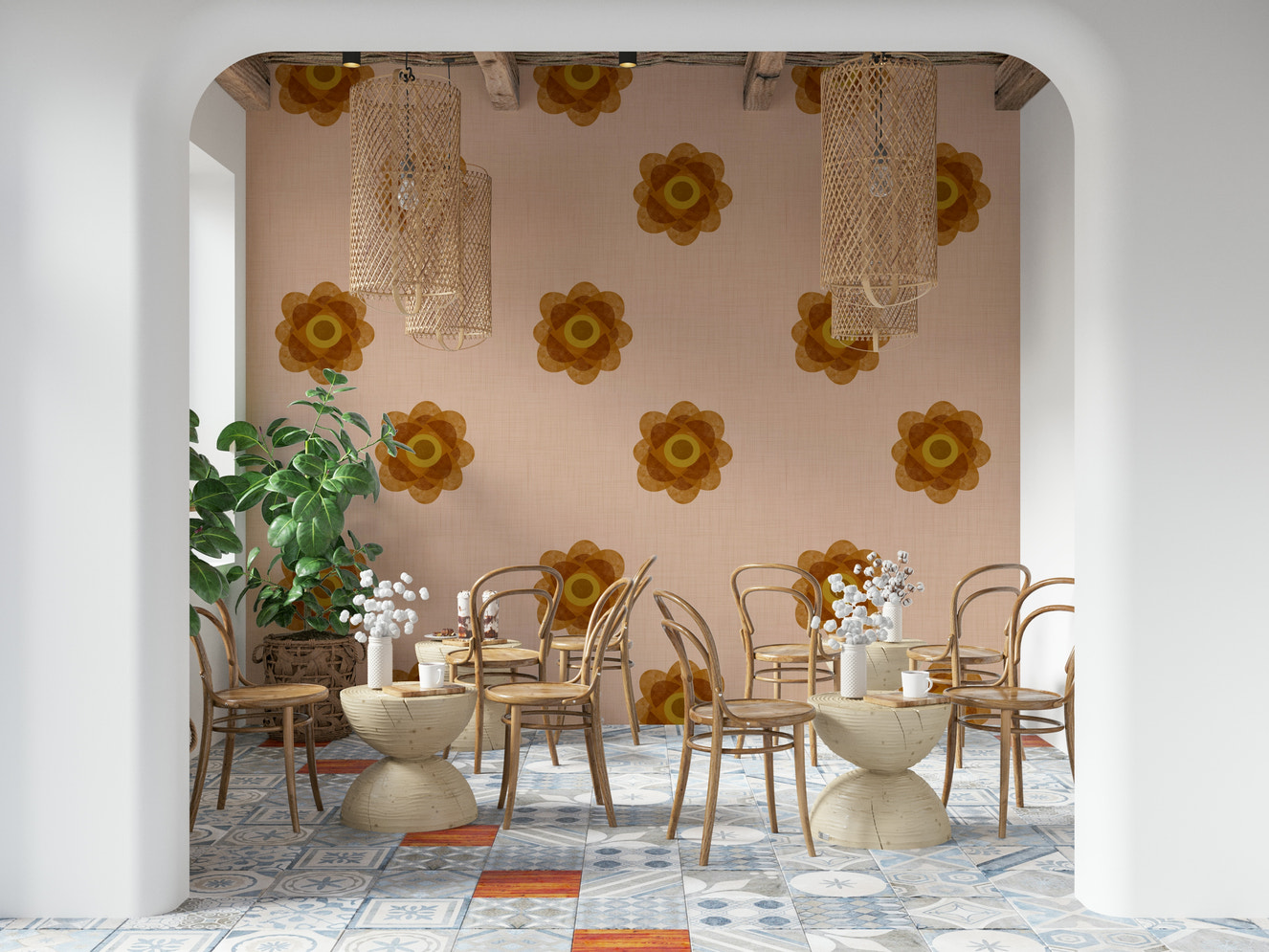 Japandi Bloom - Blush Petal Minimal Orange Floral Wallpaper⁠