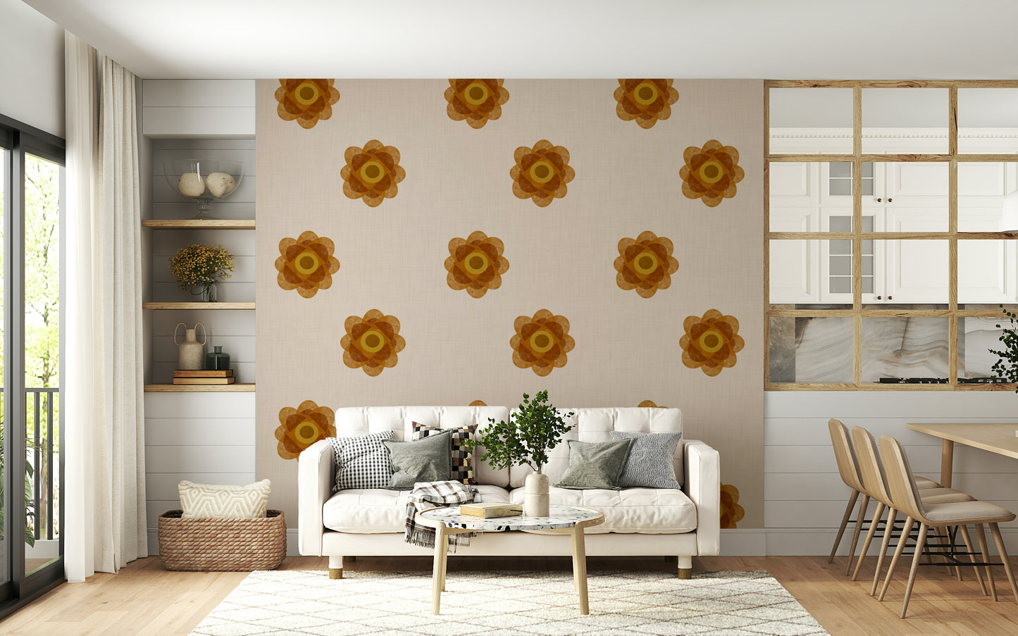 Japandi Bloom - Soft Linen Minimal Orange Floral Wallpaper⁠