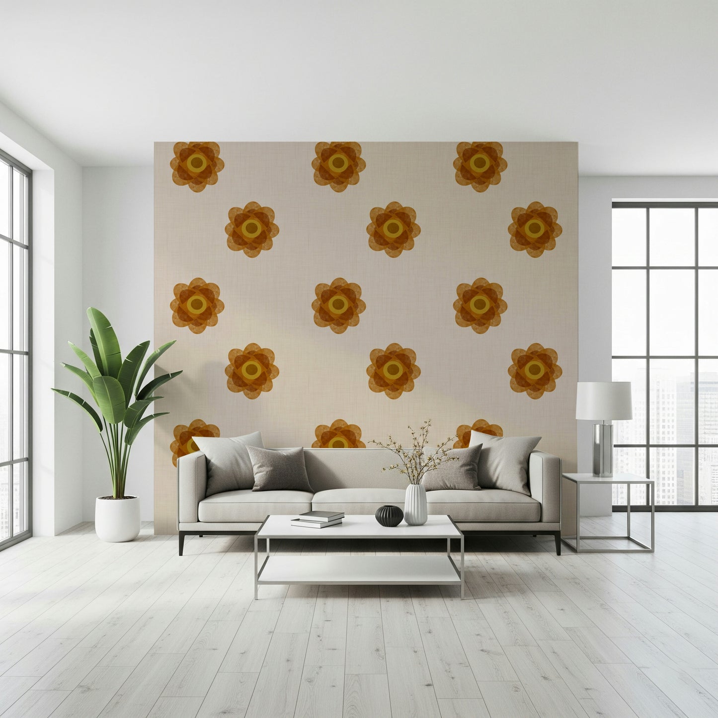 Japandi Bloom - Soft Linen Minimal Orange Floral Wallpaper⁠