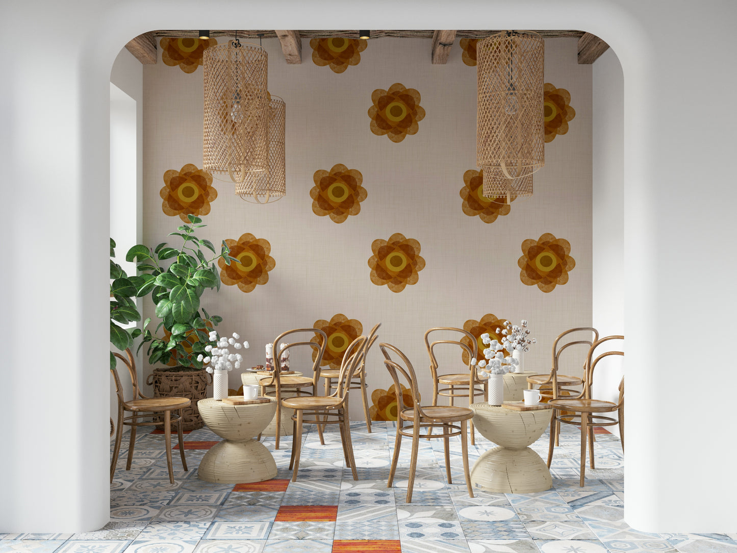 Japandi Bloom - Soft Linen Minimal Orange Floral Wallpaper⁠