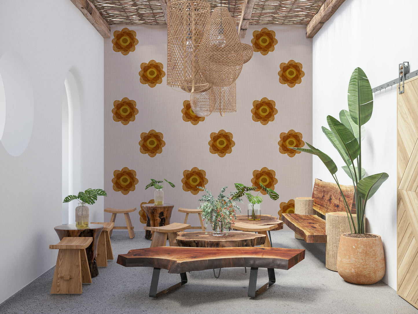 Japandi Bloom - Soft Linen Minimal Orange Floral Wallpaper⁠