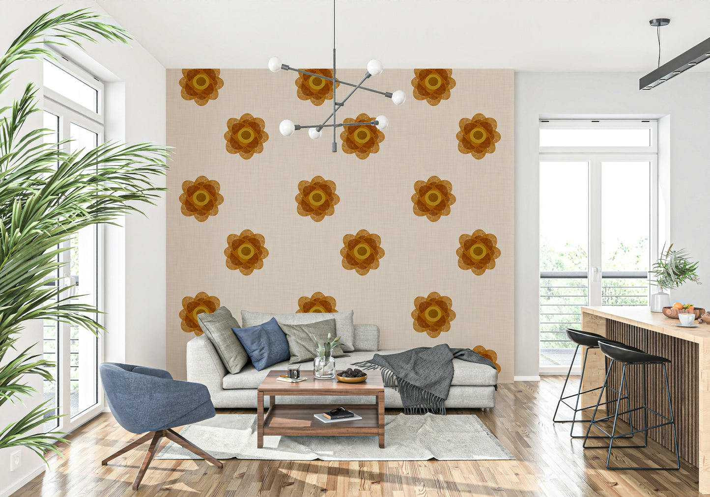 Japandi Bloom - Soft Linen Minimal Orange Floral Wallpaper⁠