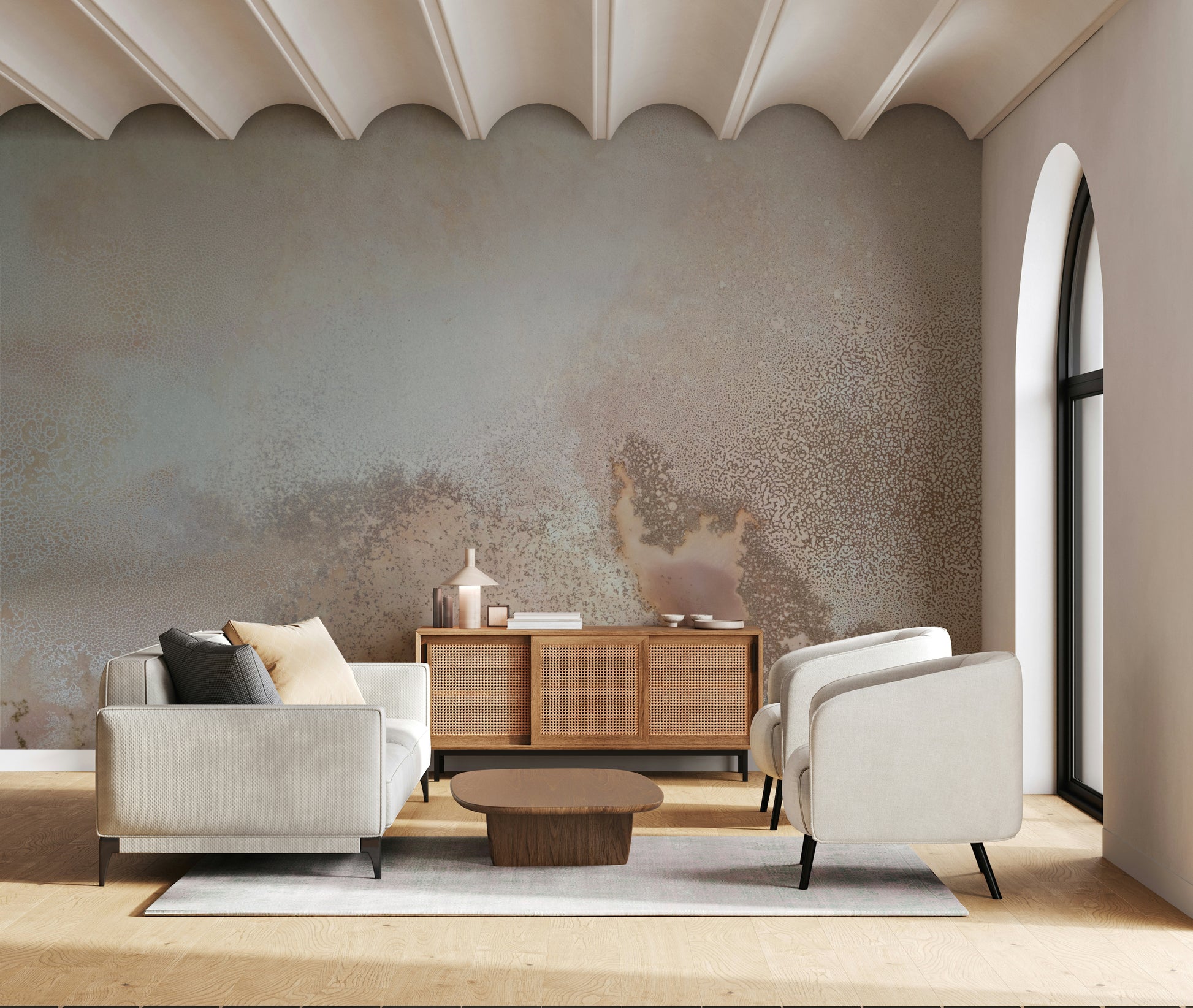 A beautiful abstract art wallpaper mural in warm, earthen hues.