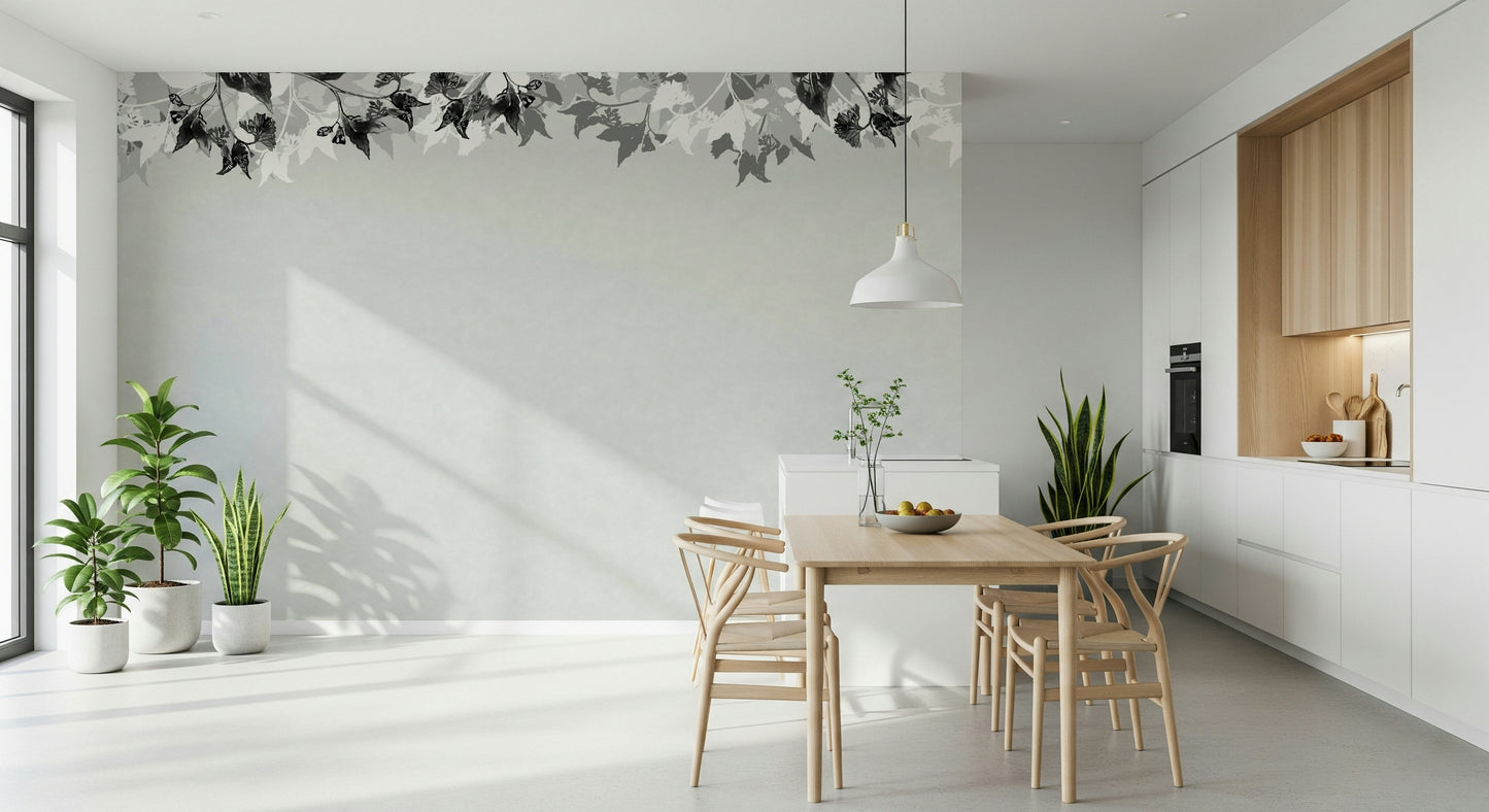 A peaceful woodland vista mural on decorative wallpaper.