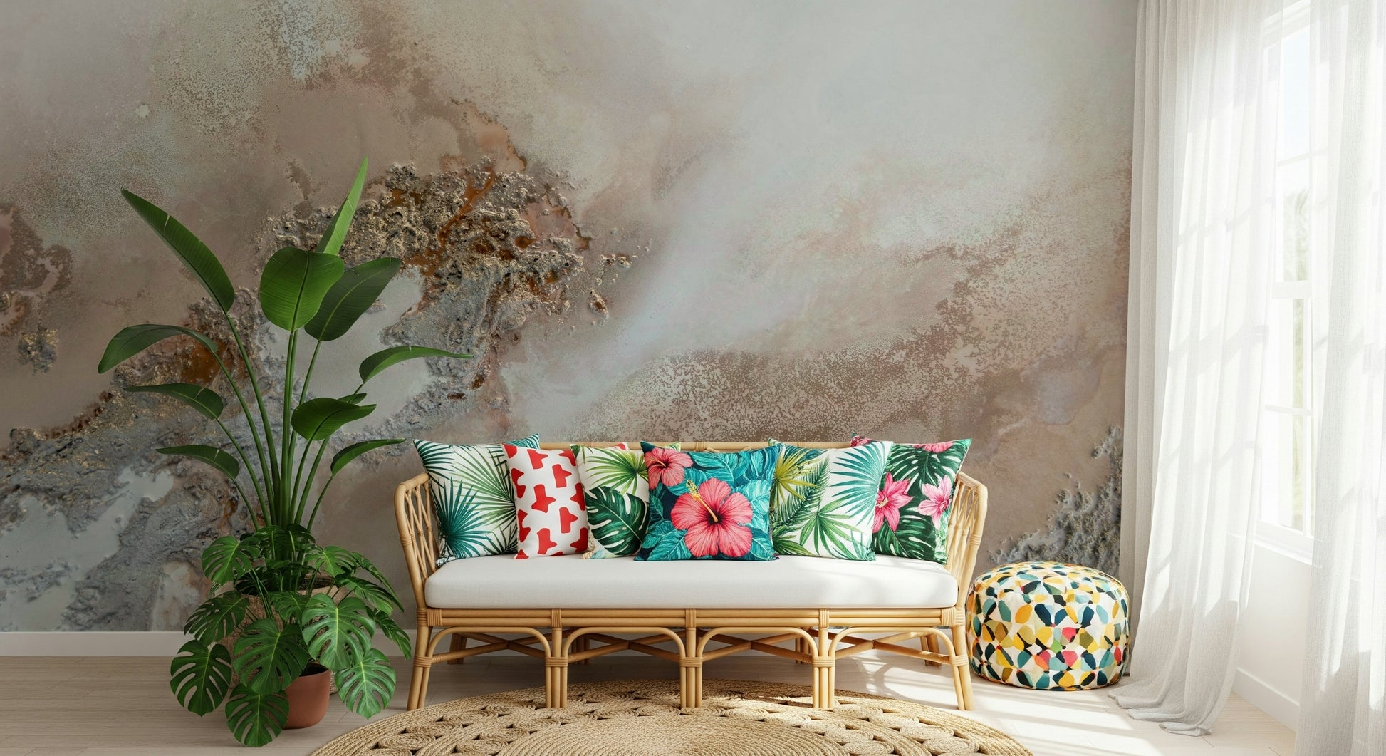 A beautiful subtle mineral wash wallpaper mural with a flowing texture.