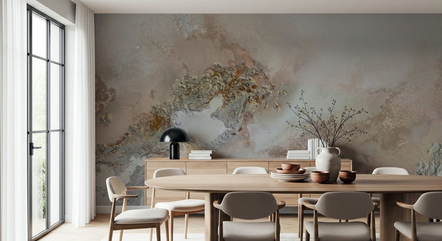 A peaceful modern abstract mural on decorative wallpaper.