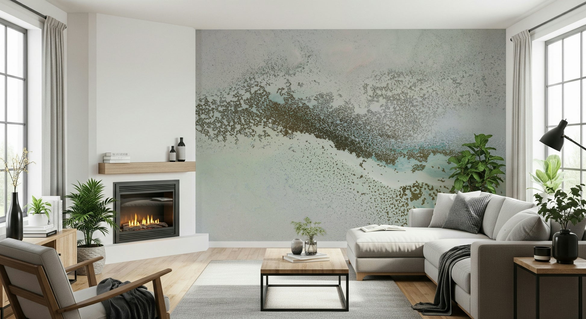 A graceful subtle light wall mural in cool, tranquil tones.