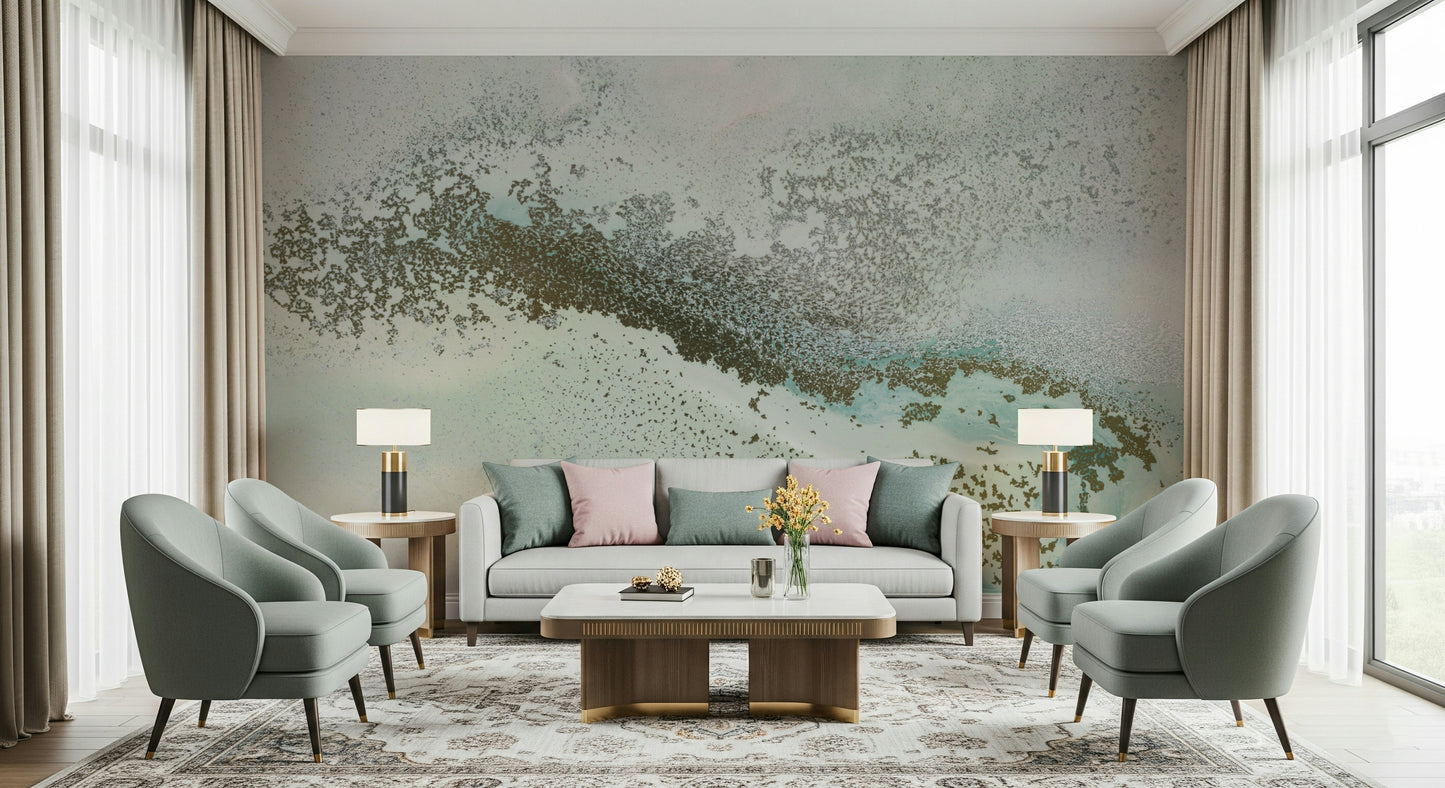 A beautiful ethereal beach wallpaper mural with soft, misty light.