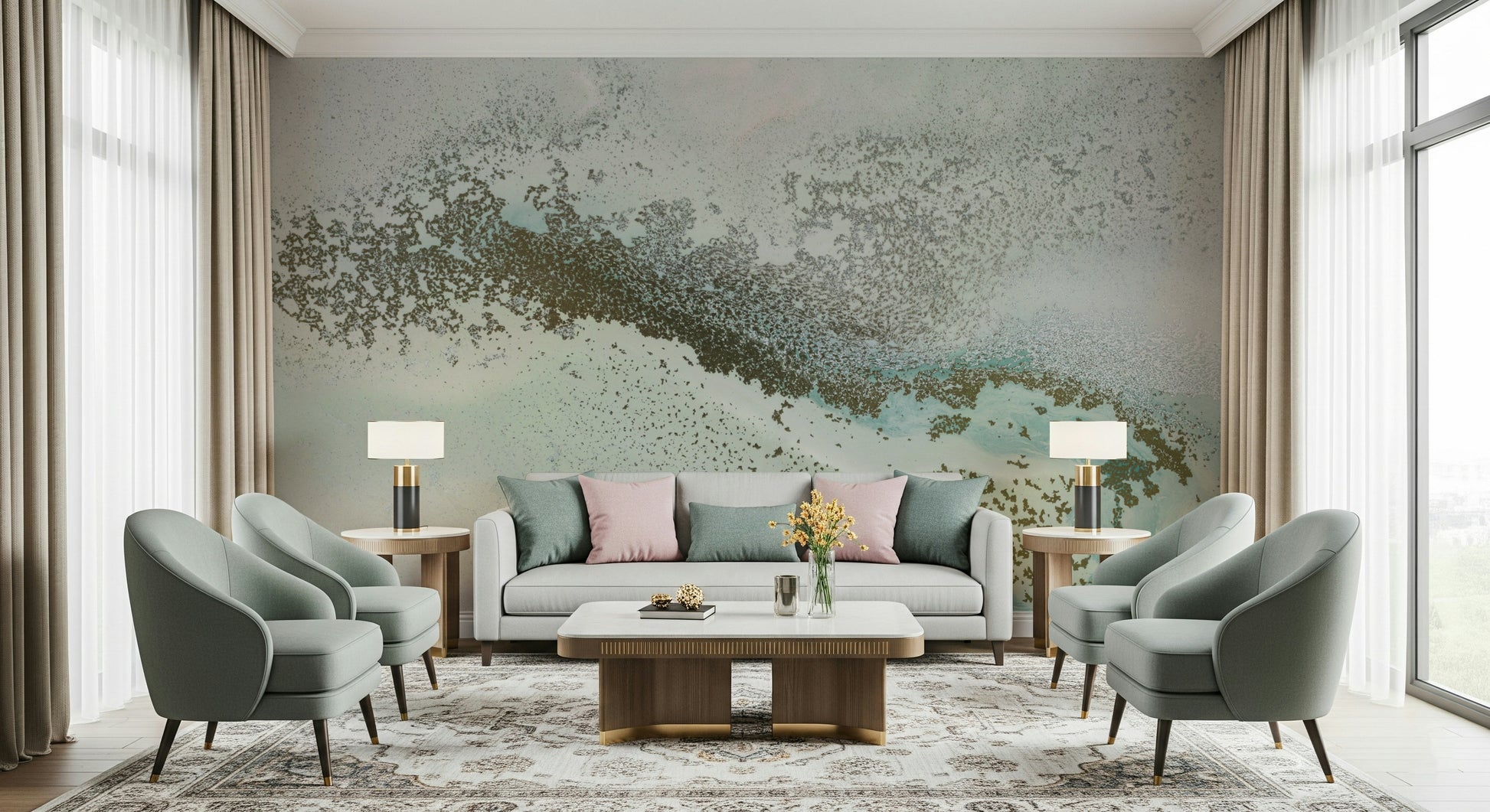 A beautiful ethereal beach wallpaper mural with soft, misty light.