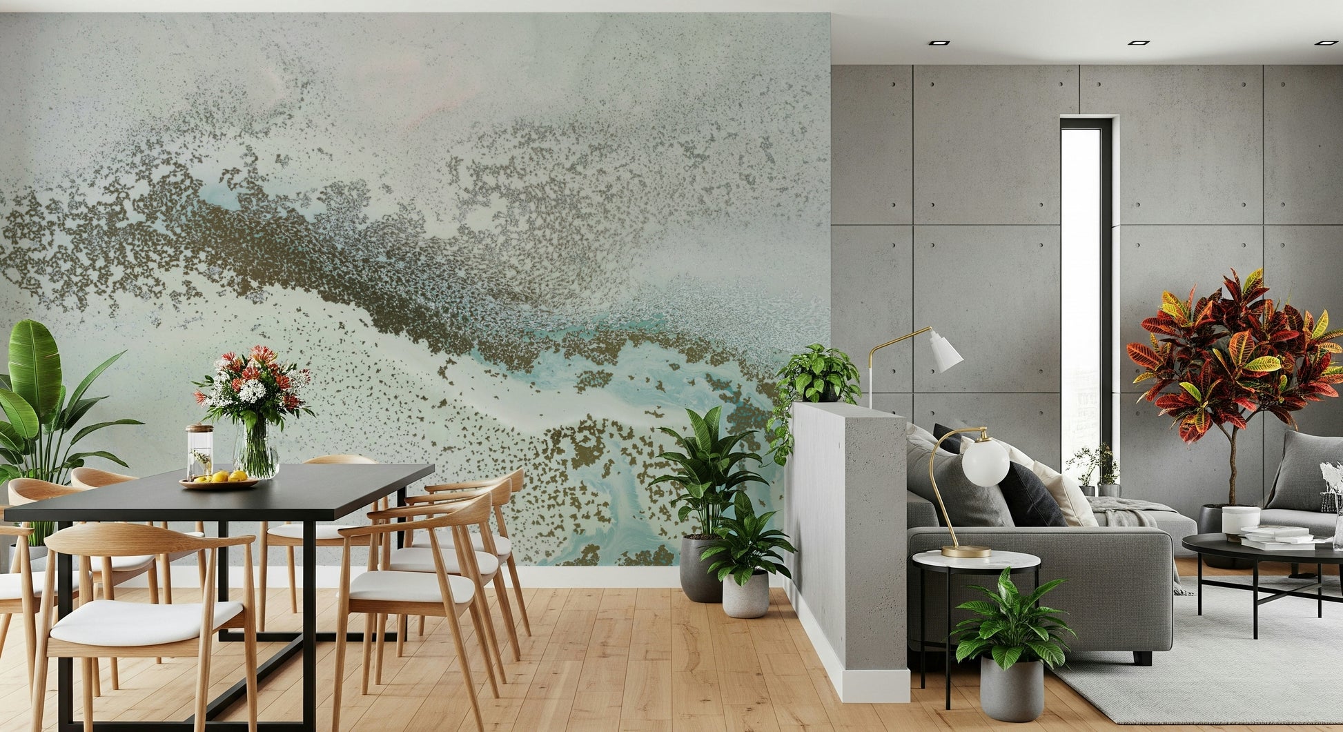 An artistic dreamy landscape mural on minimalist wallpaper.