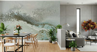 An artistic dreamy landscape mural on minimalist wallpaper.