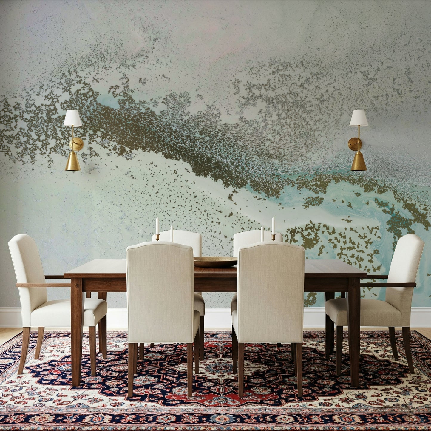 A peaceful coastal vista mural on decorative wallpaper.