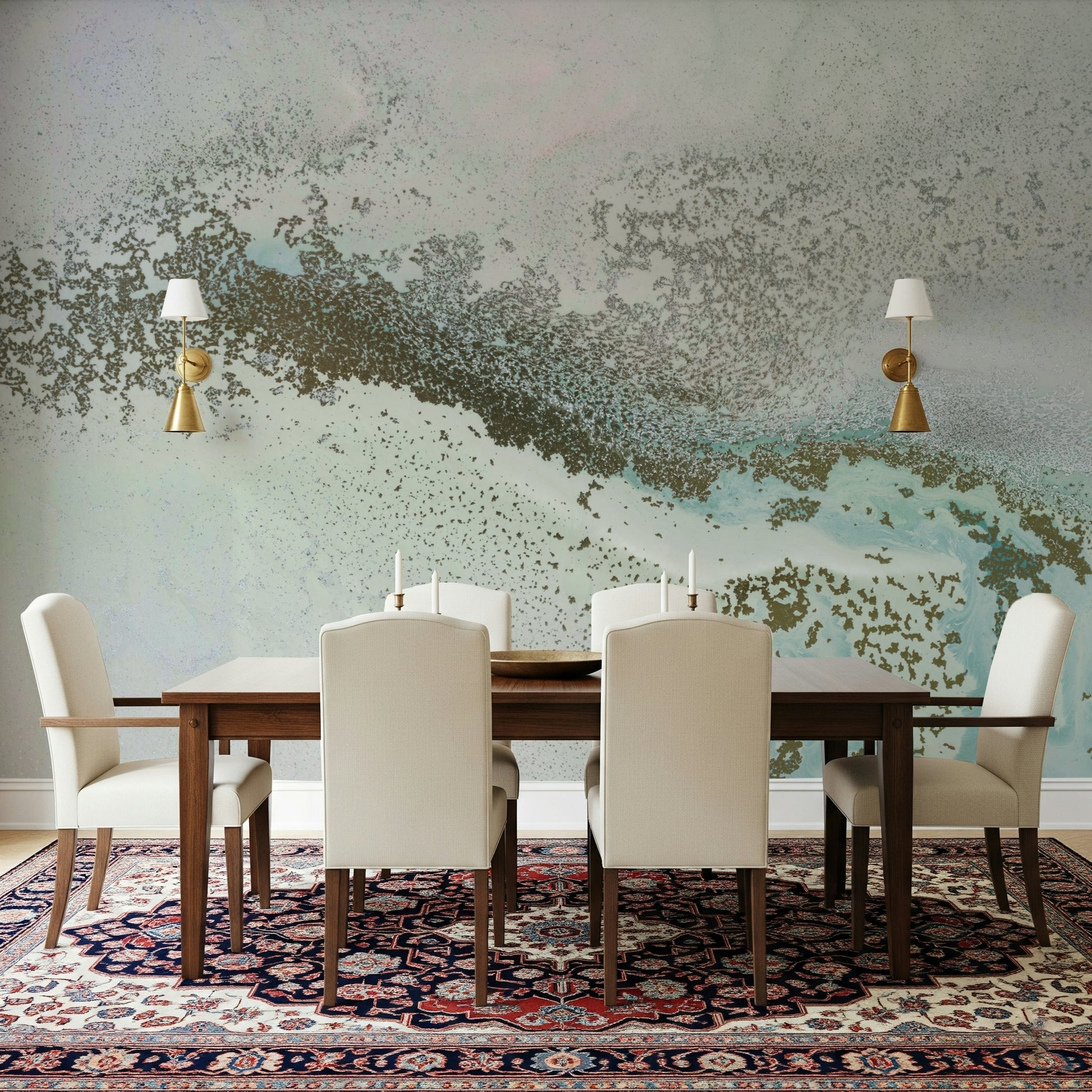 A peaceful coastal vista mural on decorative wallpaper.