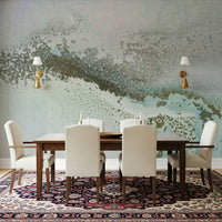 A peaceful coastal vista mural on decorative wallpaper.