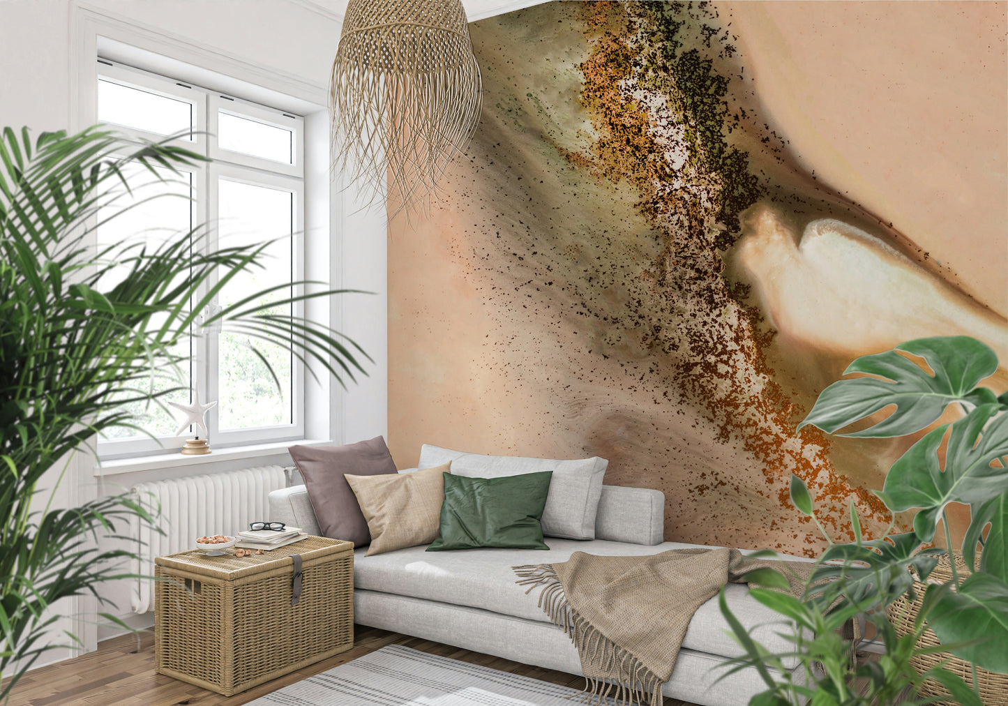 An artistic soft focus mural on minimalist wallpaper.