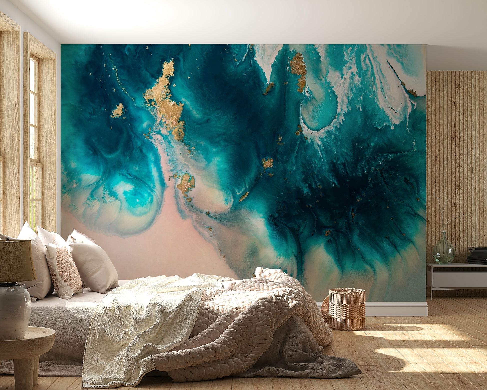 A graceful subtle pattern wall mural in cool, tranquil tones.