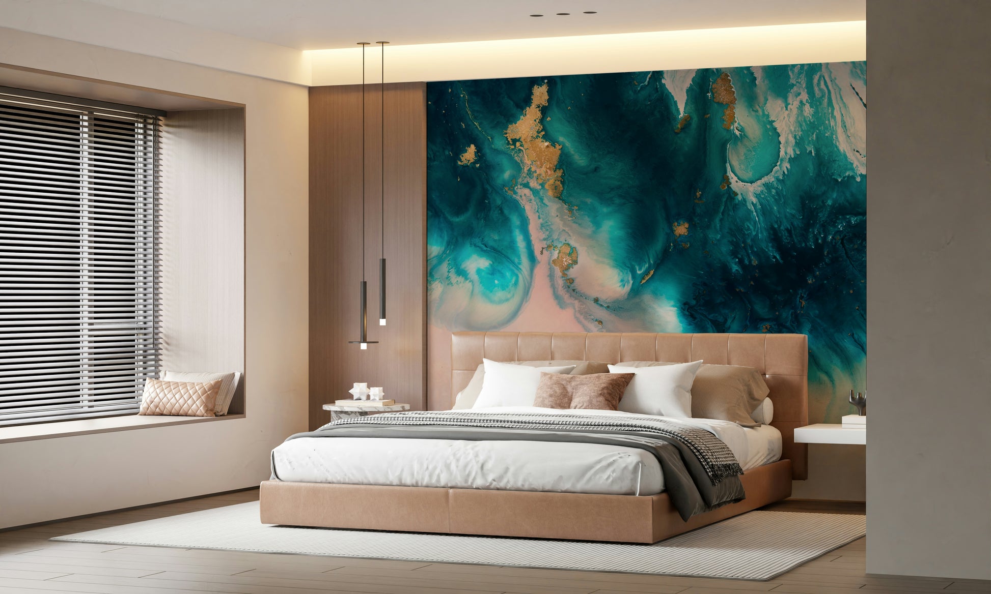 A beautiful abstract gilded wallpaper mural in azure blue and white.