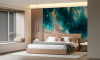 A beautiful abstract gilded wallpaper mural in azure blue and white.