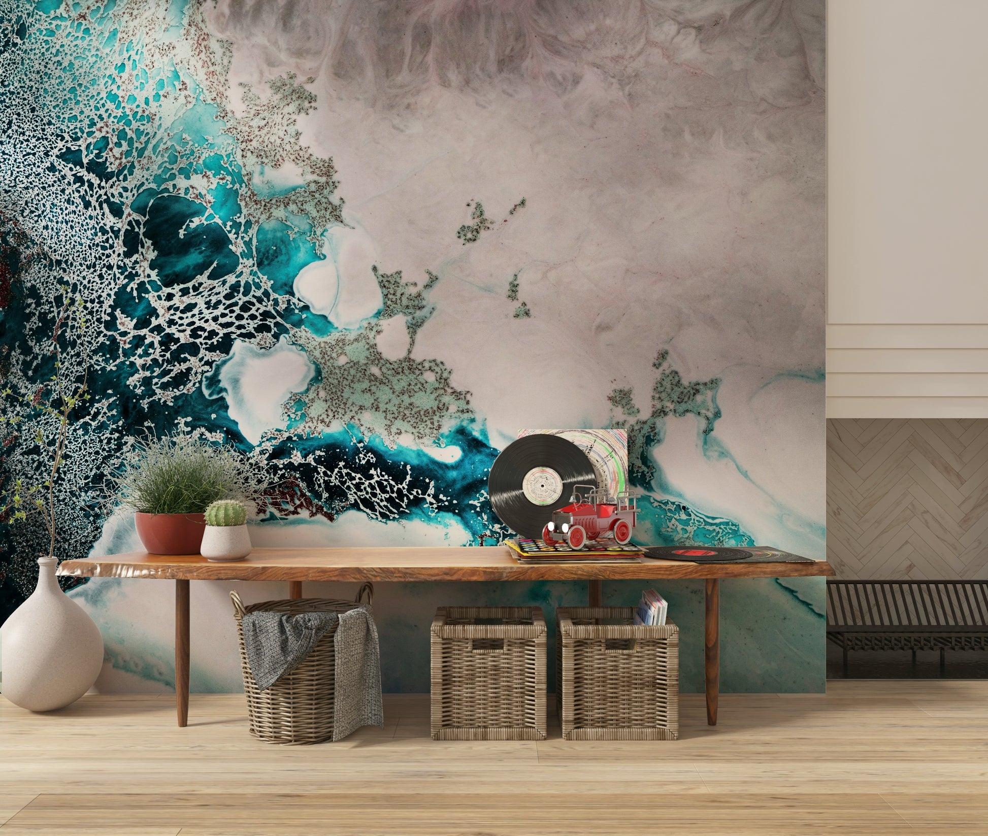 An artistic soft focus mural on minimalist wallpaper.