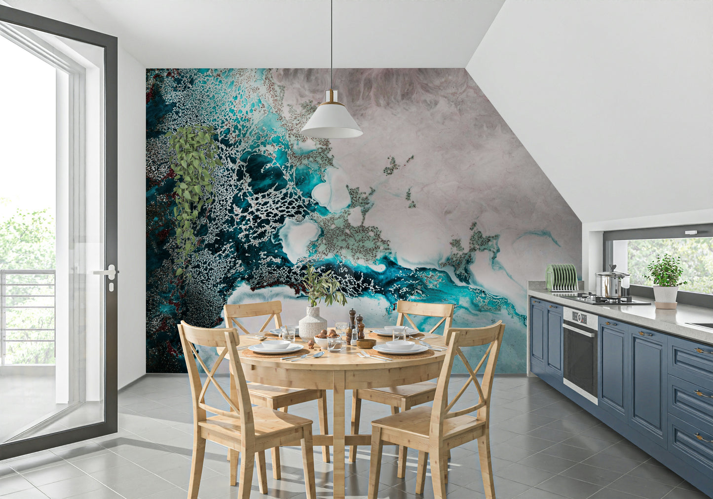 A calming abstract design wallpaper mural that defines a space.