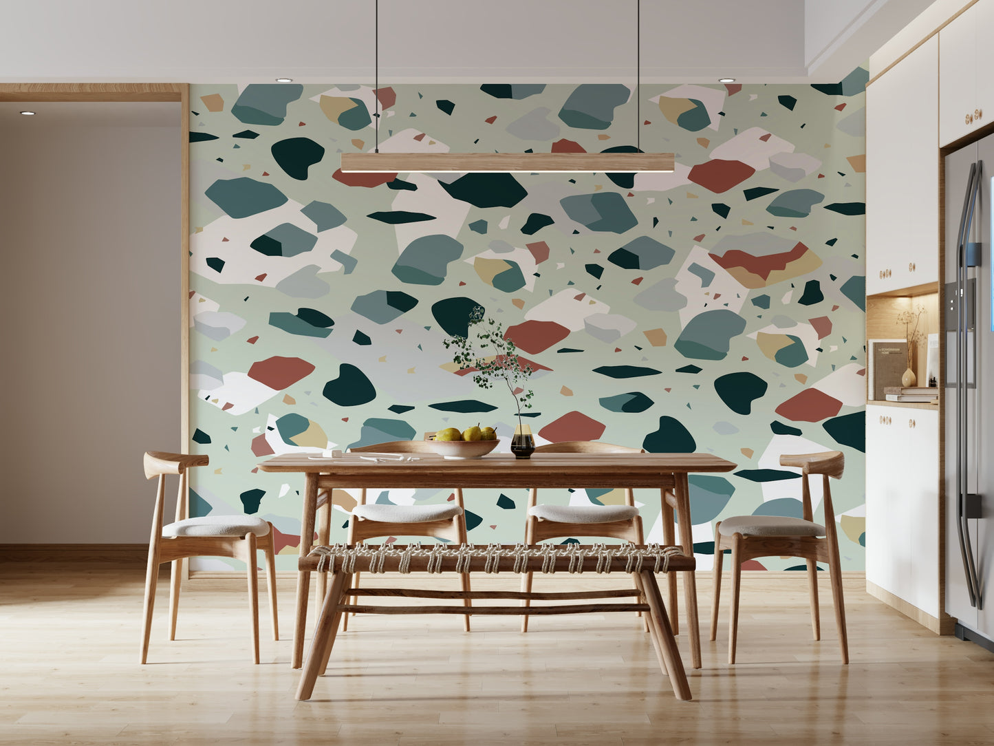 A contemplative speckled texture wallpaper mural for a feature wall.