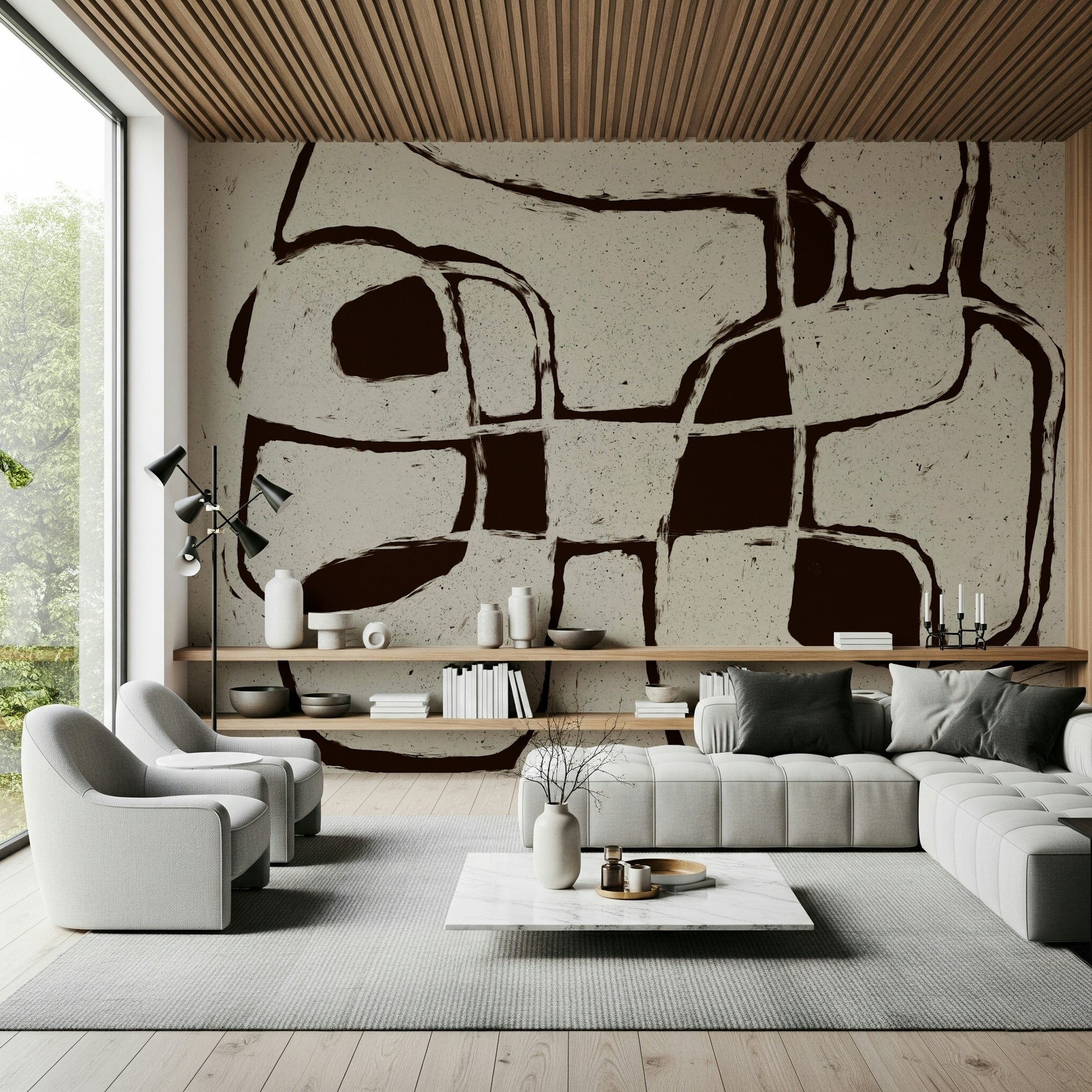 An artistic watercolor effect mural on minimalist wallpaper.