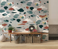 A calming abstract design wallpaper mural that defines a space.