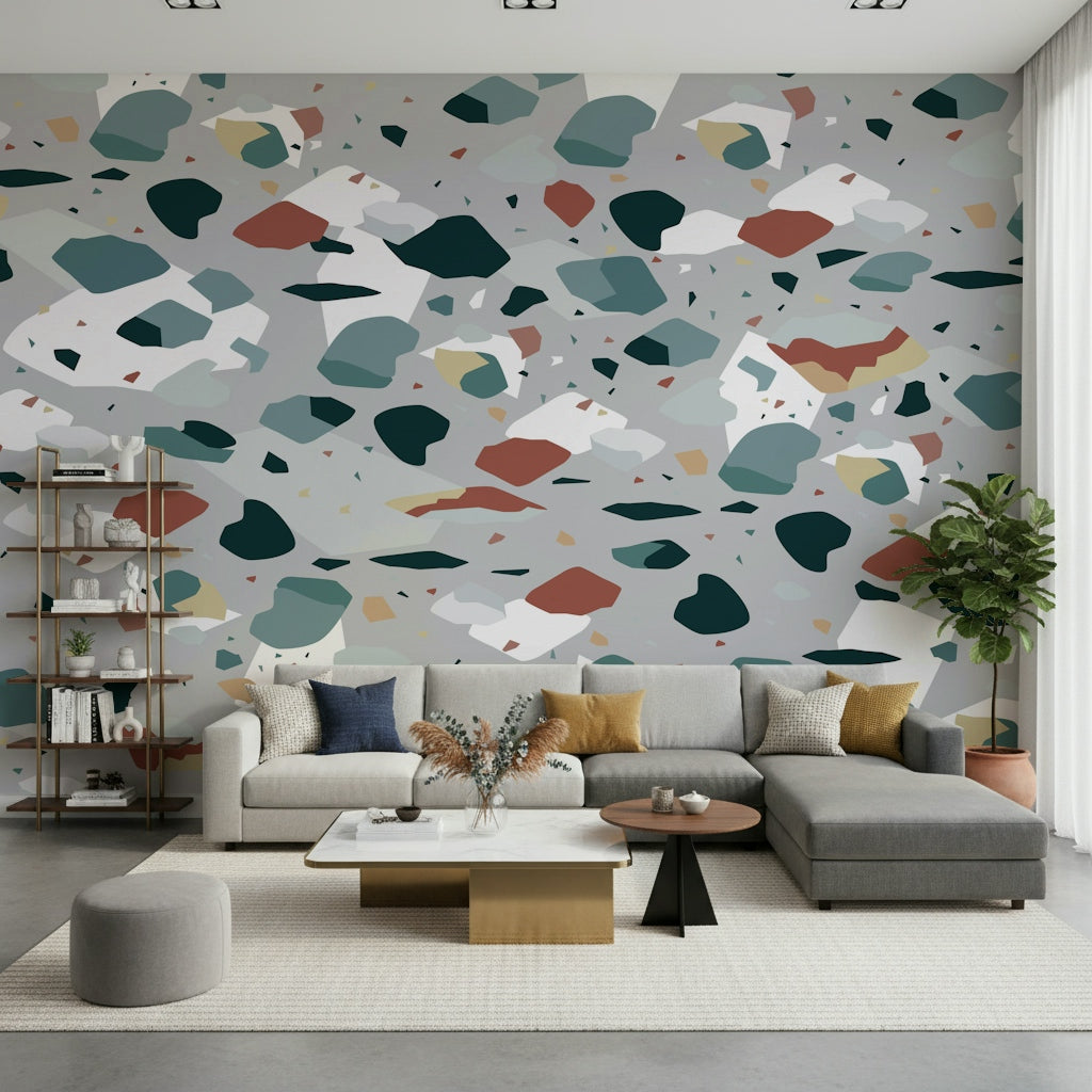 An artistic contemporary speckled mural on minimalist wallpaper.