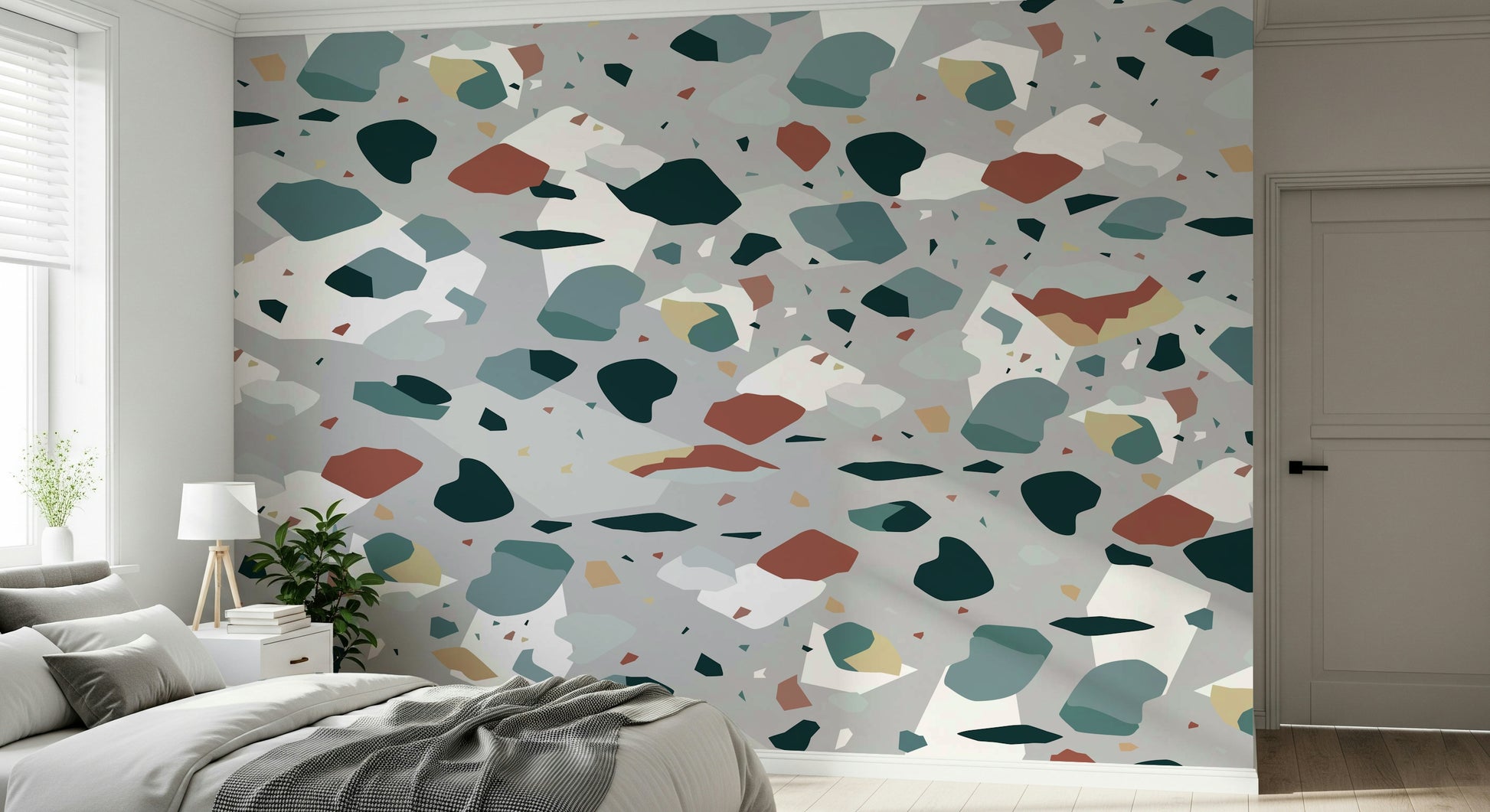 A contemplative geometric design wallpaper mural for a feature wall.